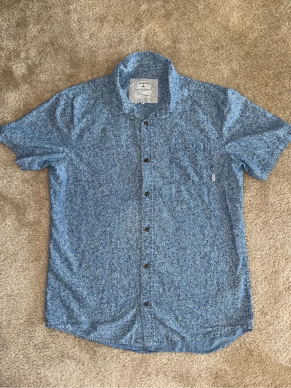 Quiksilver Blue All Over Dash Print Short Sleeve Button Down Shirt Size L